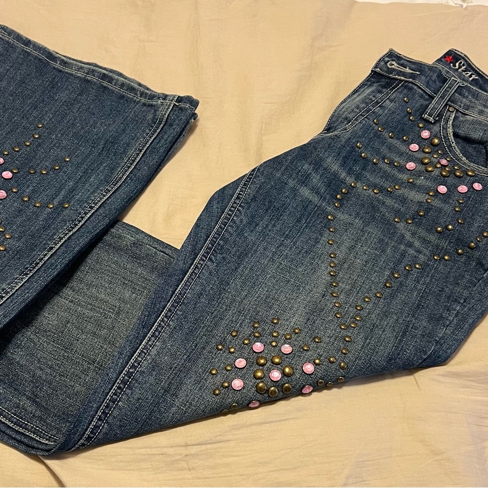 Women's Blue Jeans with Pink Embellishments